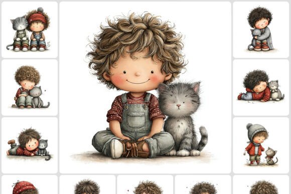 Download Child Playing with Kitty Clipart 40 JPG - Premium Bundle
