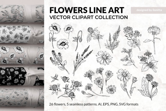 Download Flowers Line Art, Vector Floral Clipart - Line Collection